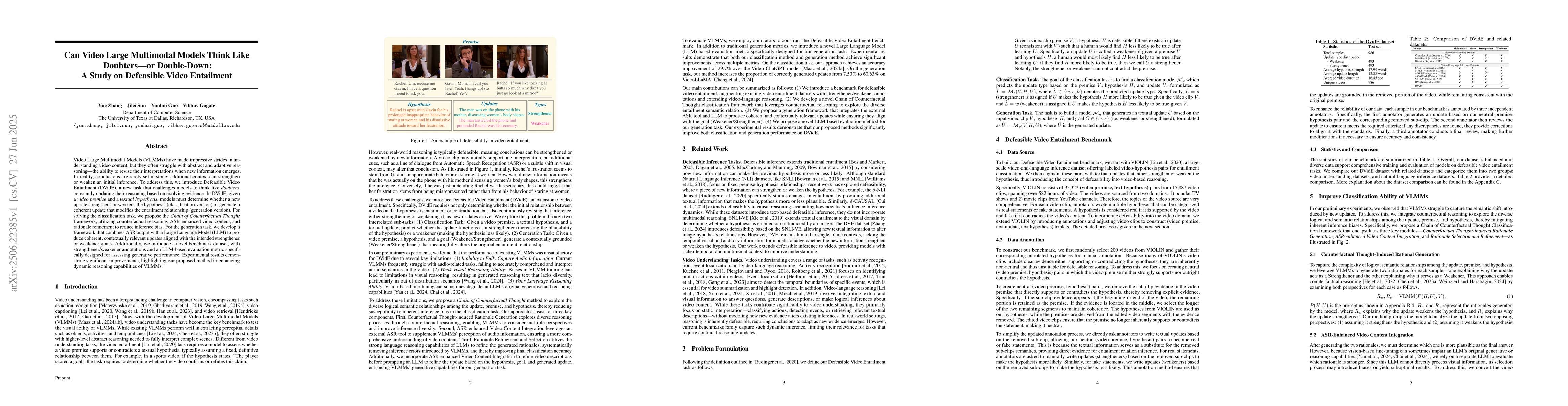 Thumbnail for Can Video Large Multimodal Models Think Like Doubters-or Double-Down: A
  Study on Defeasible Video Entailment