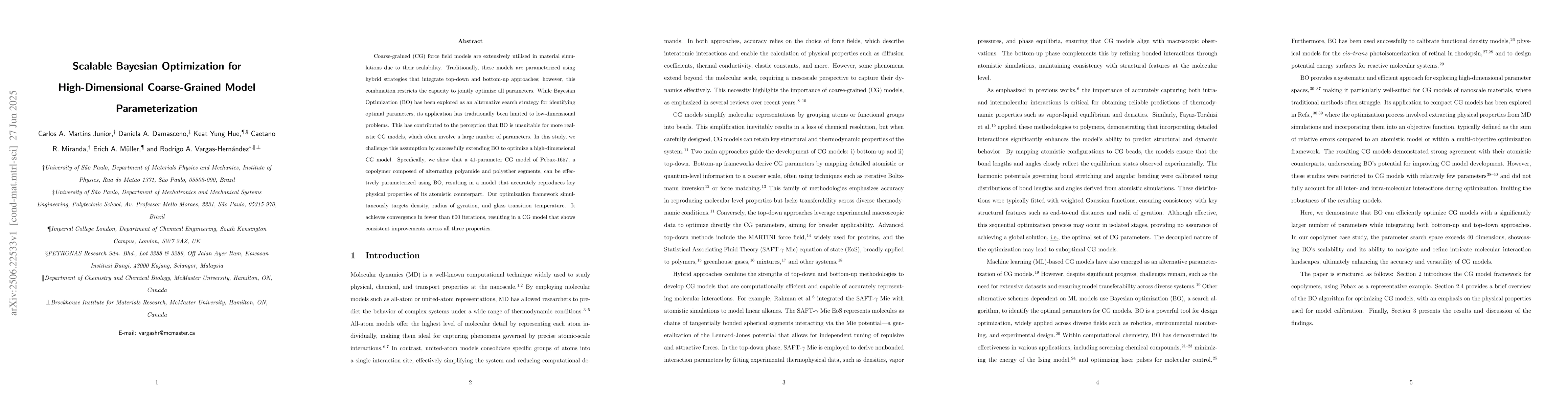 Thumbnail for Scalable Bayesian Optimization for High-Dimensional Coarse-Grained Model
  Parameterization