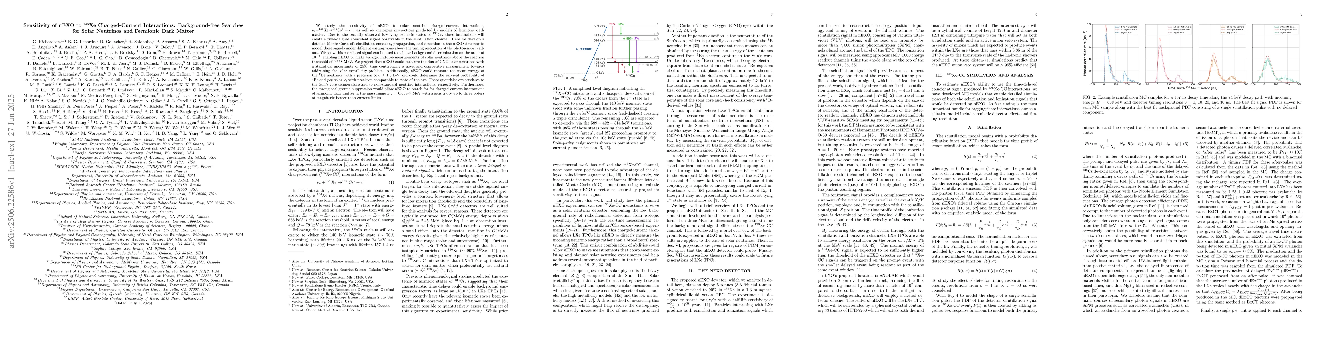 Thumbnail for Sensitivity of nEXO to $^{136}$Xe Charged-Current Interactions:
  Background-free Searches for Solar Neutrinos and Fermionic Dark Matter