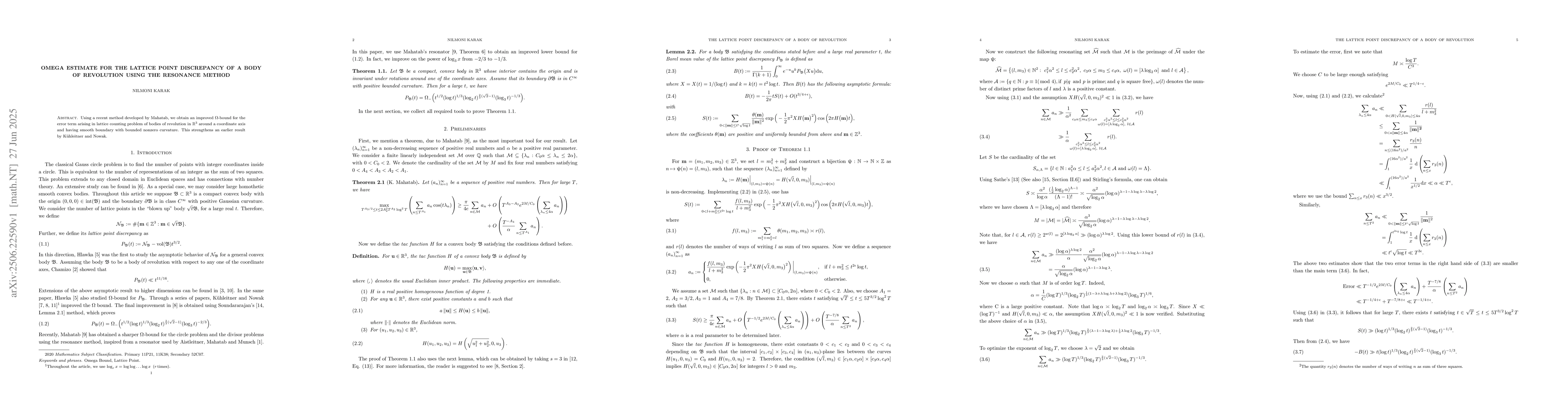 Thumbnail for Omega Estimate for the Lattice Point Discrepancy of a Body of Revolution
  Using The Resonance Method