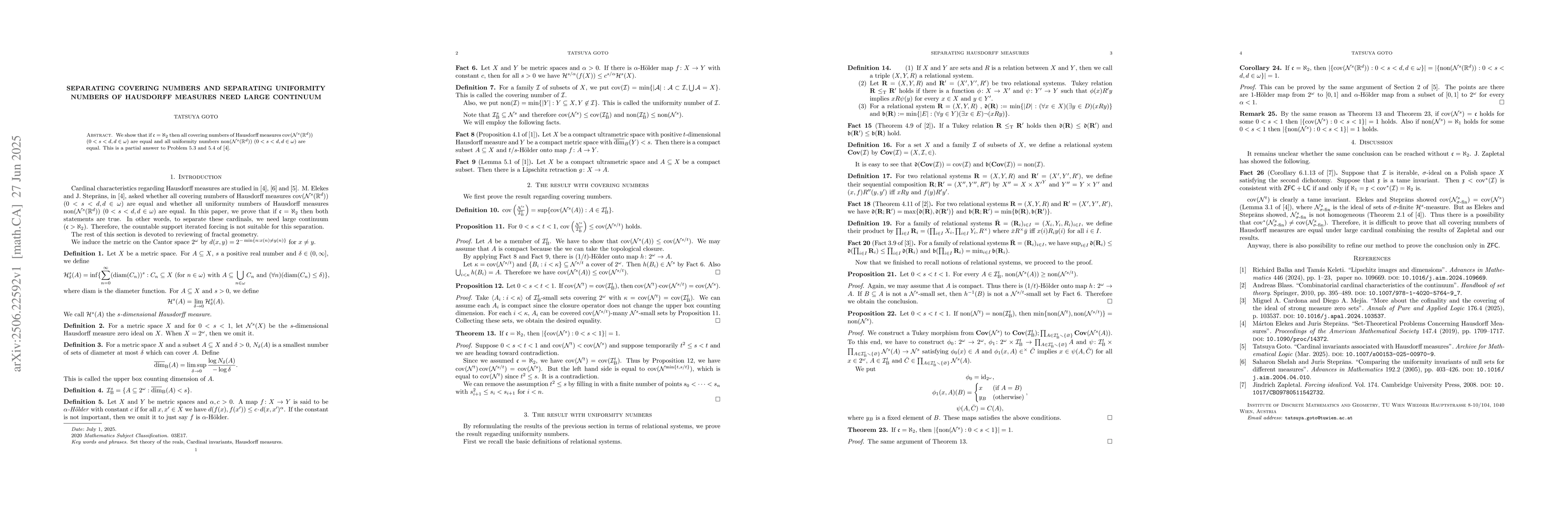 Thumbnail for Separating covering numbers and separating uniformity numbers of
  Hausdorff measures need large continuum