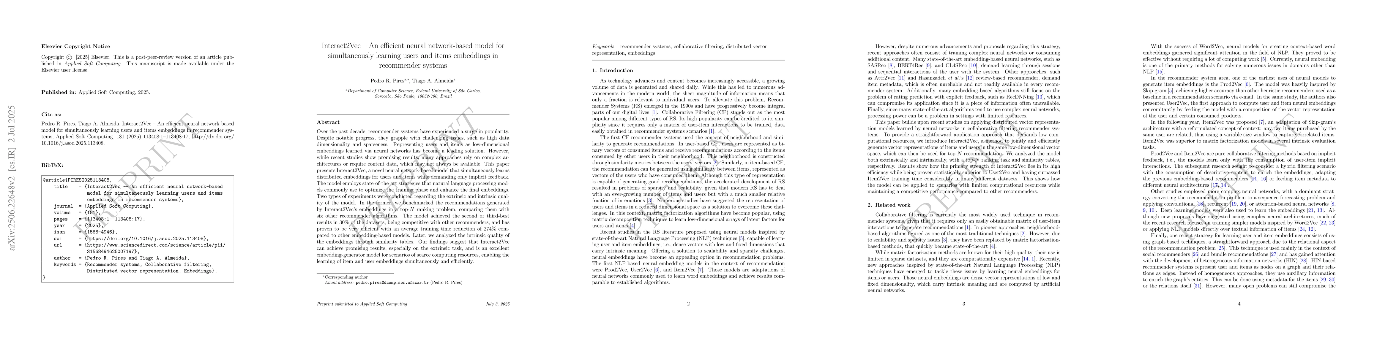 Thumbnail for Interact2Vec -- An efficient neural network-based model for
  simultaneously learning users and items embeddings in recommender systems