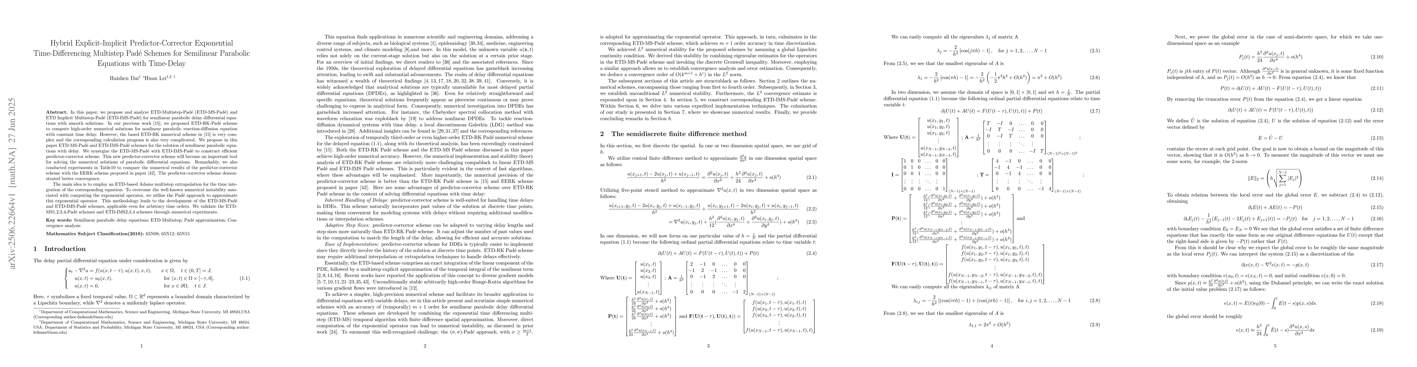 Thumbnail for Hybrid Explicit-Implicit Predictor-Corrector Exponential
  Time-Differencing Multistep Padé Schemes for Semilinear Parabolic
  Equations with Time-Delay