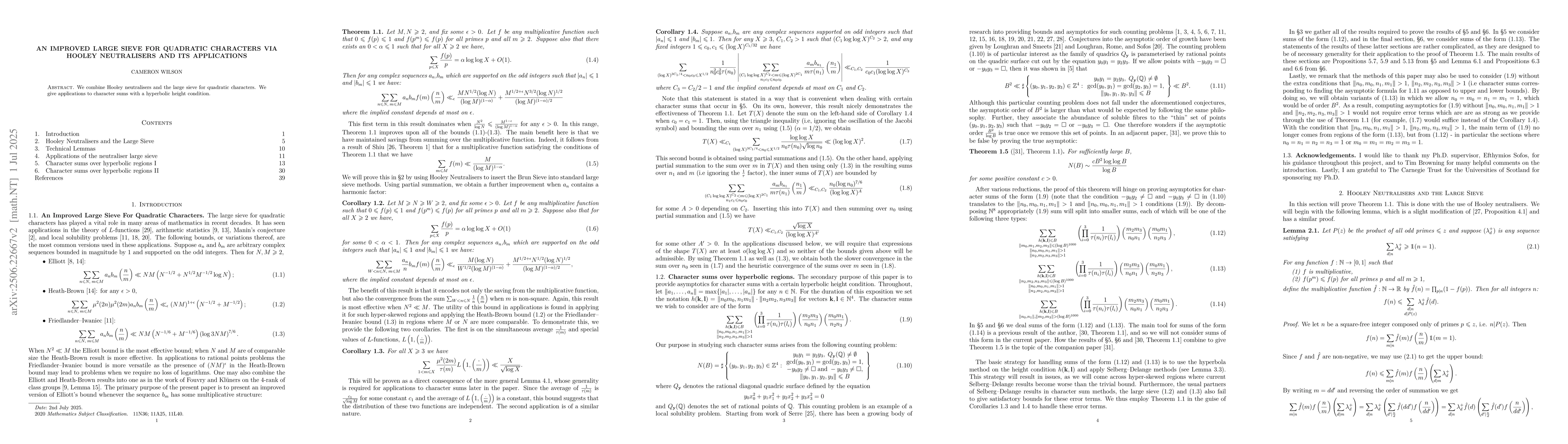 Thumbnail for An improved large sieve for quadratic characters via Hooley neutralisers
  and its applications