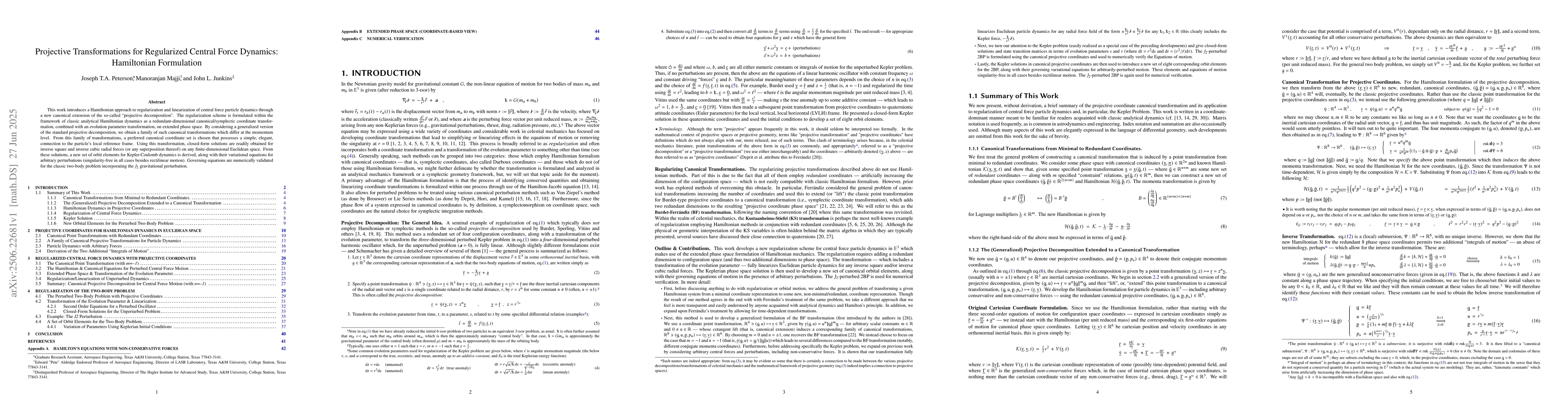 Thumbnail for Projective Transformations for Regularized Central Force Dynamics:
  Hamiltonian Formulation