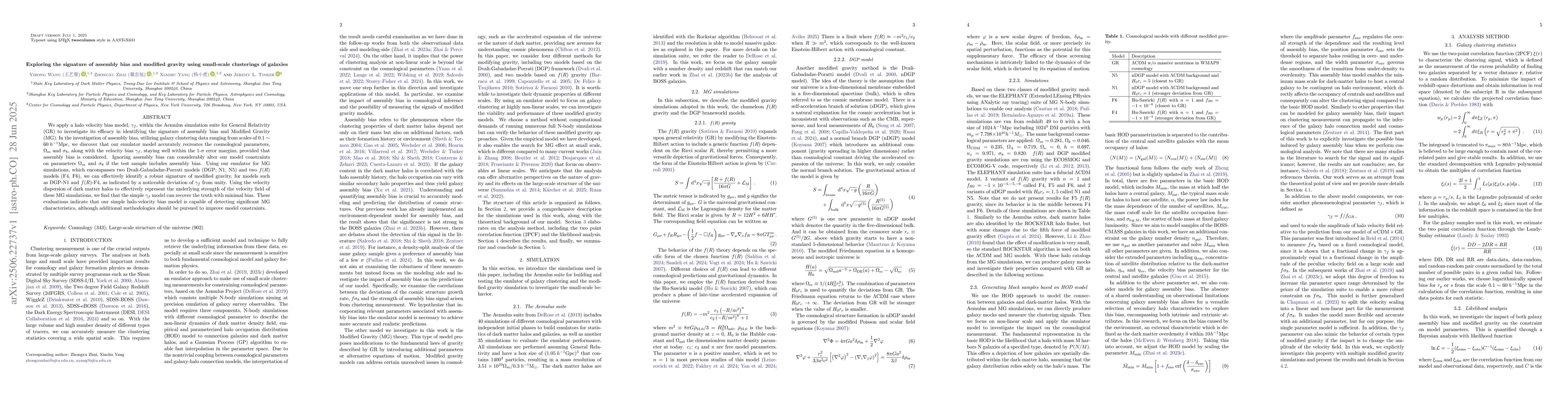 Thumbnail for Exploring the signature of assembly bias and modified gravity using
  small-scale clusterings of galaxies