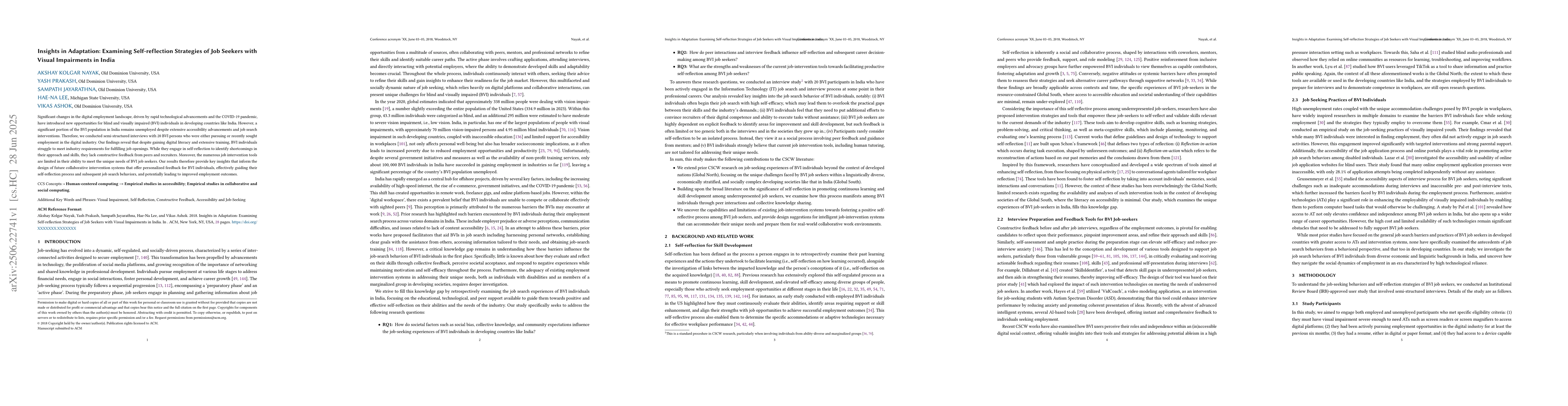 Thumbnail for Insights in Adaptation: Examining Self-reflection Strategies of Job
  Seekers with Visual Impairments in India