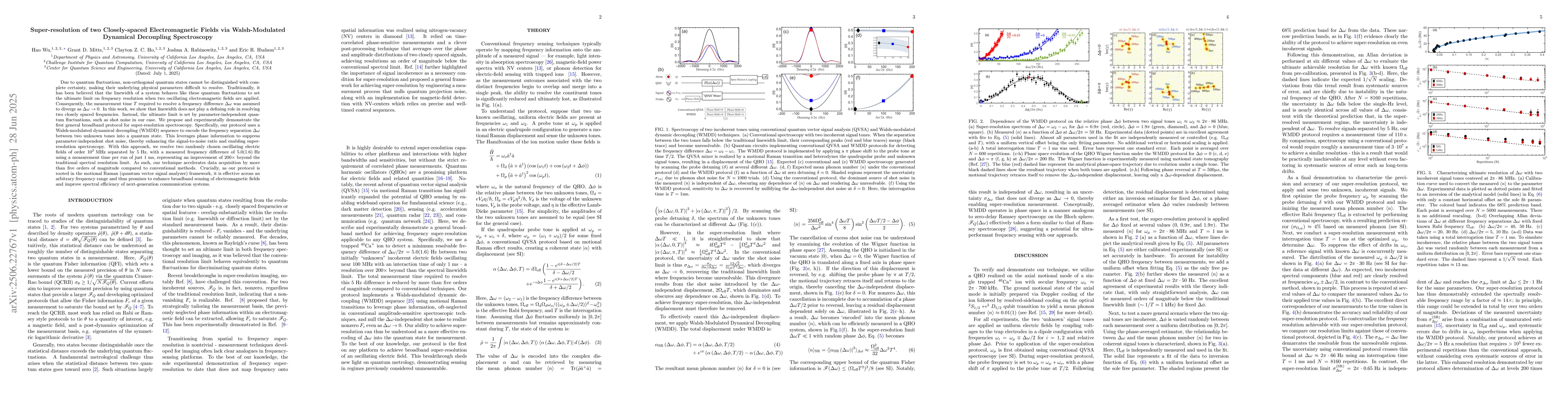 Thumbnail for Super-resolution of two Closely-spaced Electromagnetic Fields via
  Walsh-Modulated Dynamical Decoupling Spectroscopy