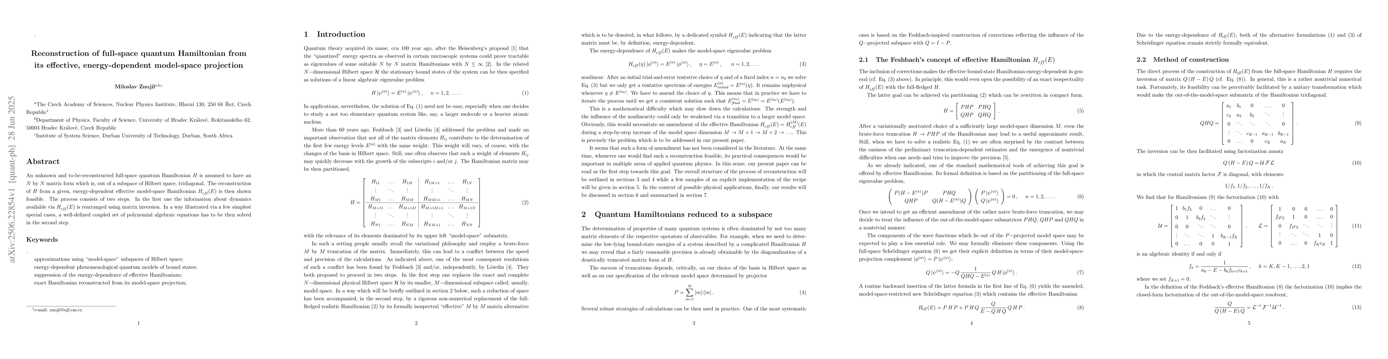 Thumbnail for Reconstruction of full-space quantum Hamiltonian from its effective,
  energy-dependent model-space projection