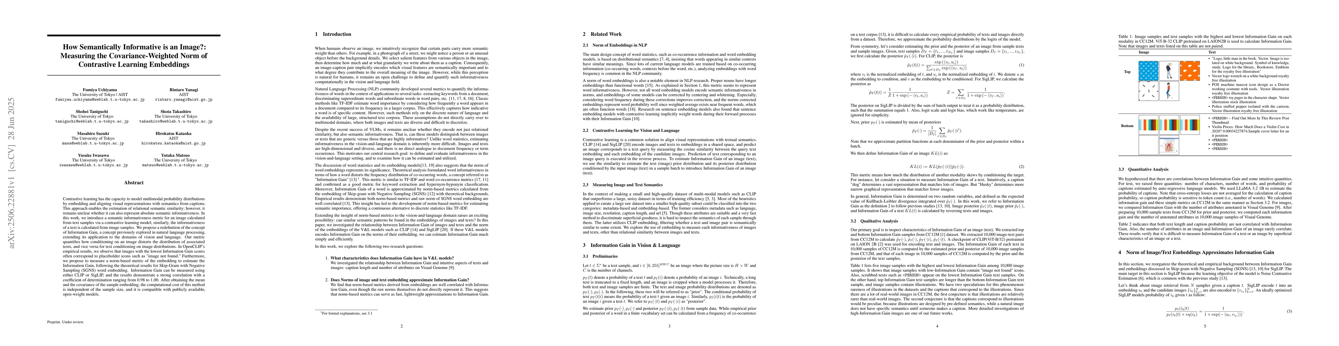 Thumbnail for How Semantically Informative is an Image?: Measuring the
  Covariance-Weighted Norm of Contrastive Learning Embeddings