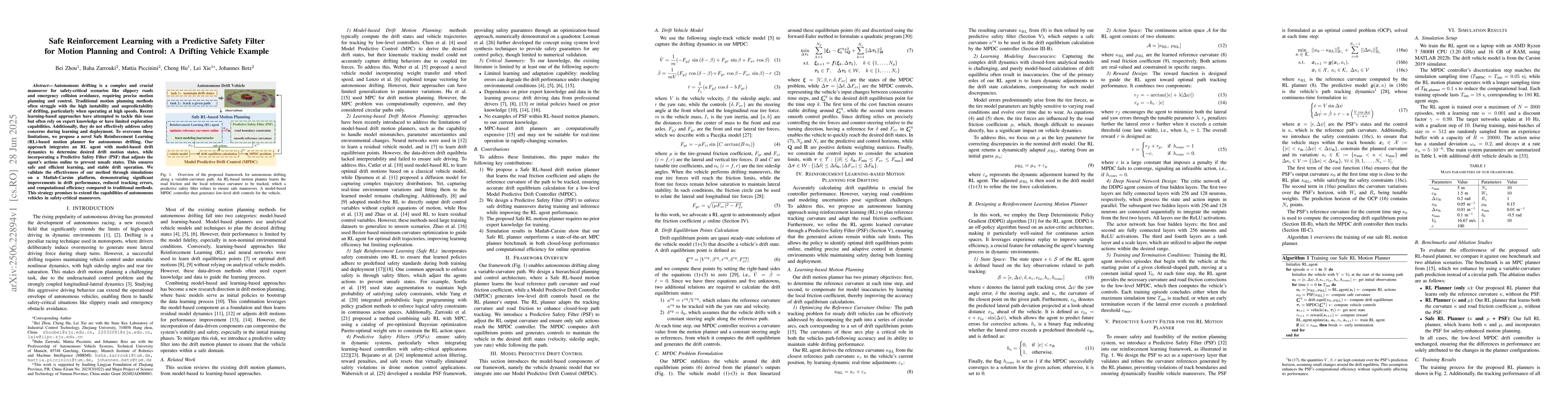 Thumbnail for Safe Reinforcement Learning with a Predictive Safety Filter for Motion
  Planning and Control: A Drifting Vehicle Example