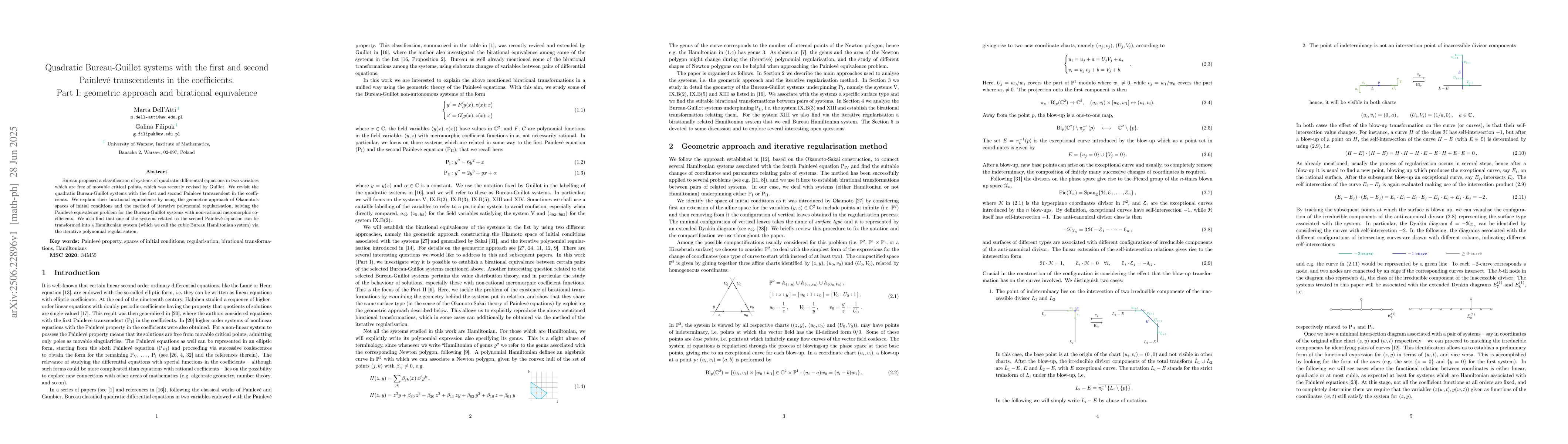 Thumbnail for Quadratic Bureau-Guillot systems with the first and second Painlevé
  transcendents in the coefficients. Part I: geometric approach and birational
  equivalence