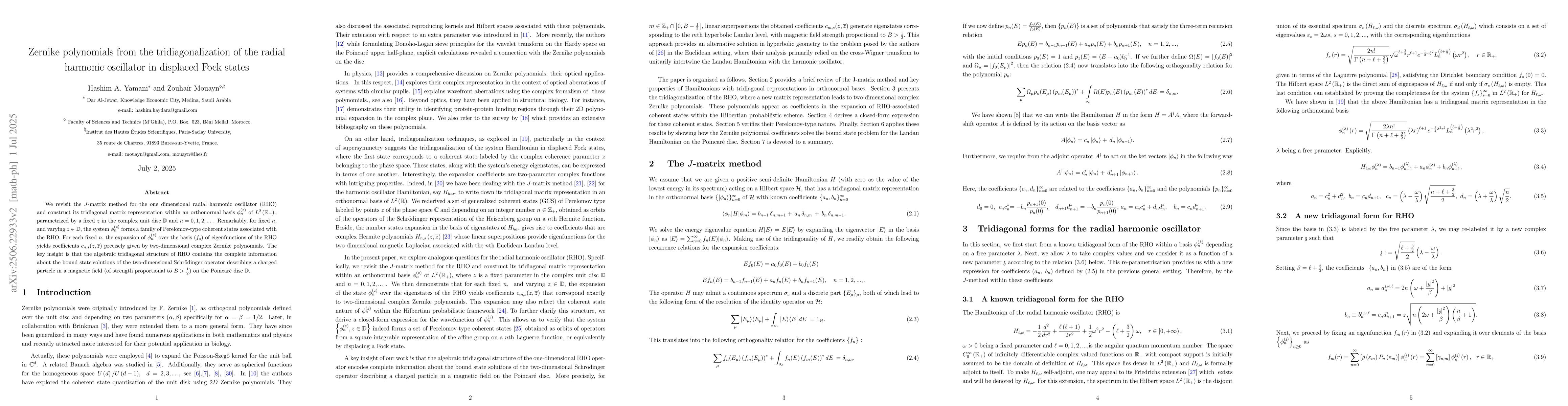 Thumbnail for Zernike polynomials from the tridiagonalization of the radial harmonic
  oscillator in displaced Fock states
