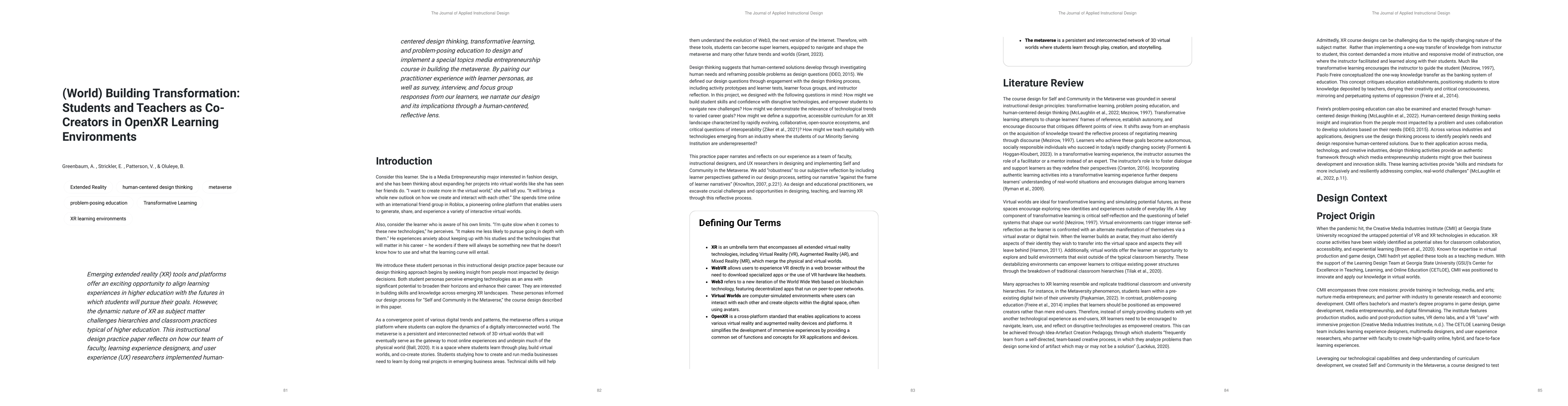 Thumbnail for (World) Building Transformation: Students and Teachers as CoCreators in
  OpenXR Learning Environments