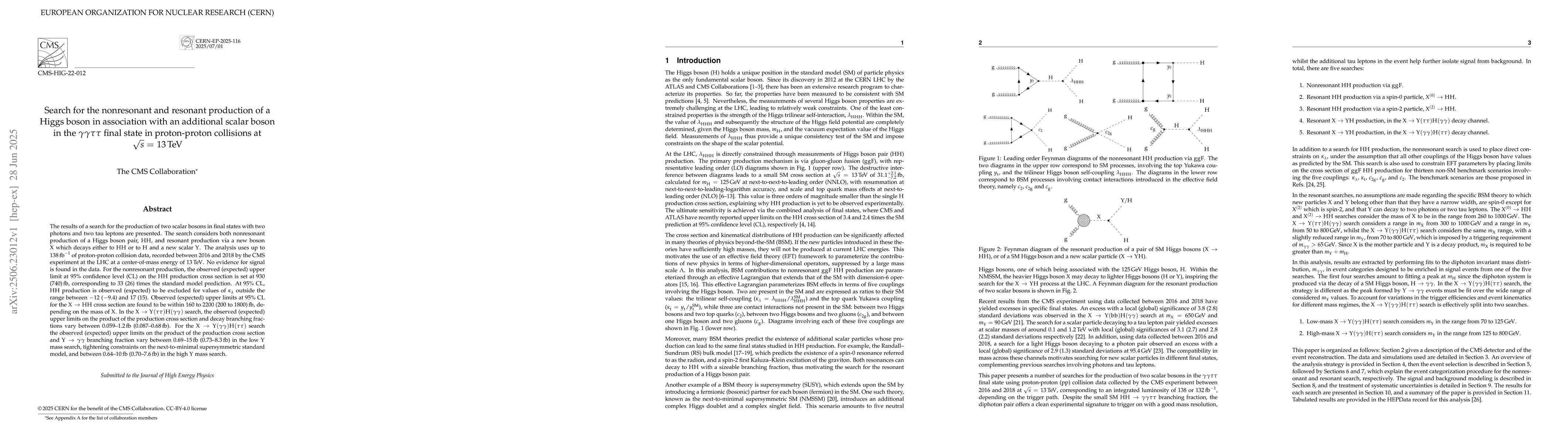 Thumbnail for Search for the nonresonant and resonant production of a Higgs boson in
  association with an additional scalar boson in the $γγττ$
  final state in proton-proton collisions at $\sqrt{s}$ = 13 TeV