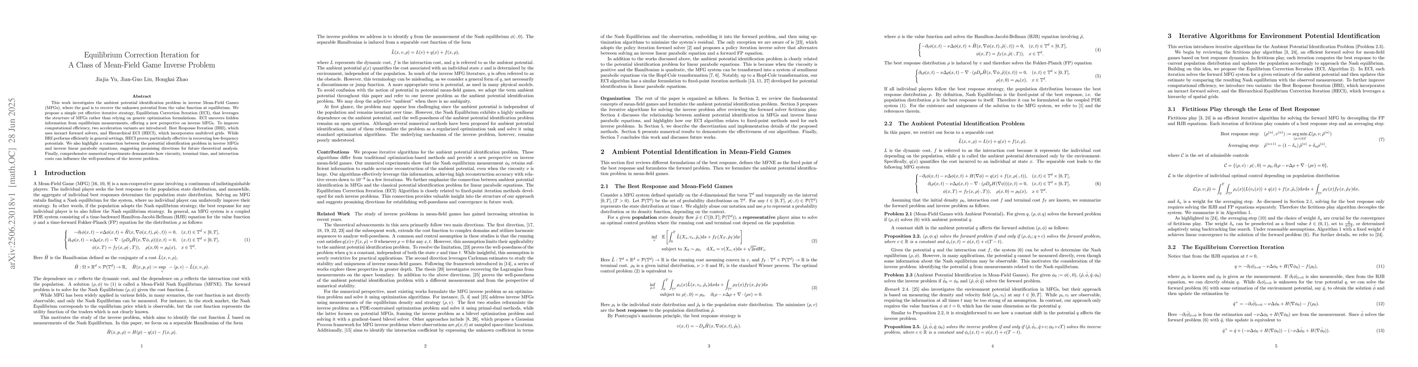 Thumbnail for Equilibrium Correction Iteration for A Class of Mean-Field Game Inverse
  Problem