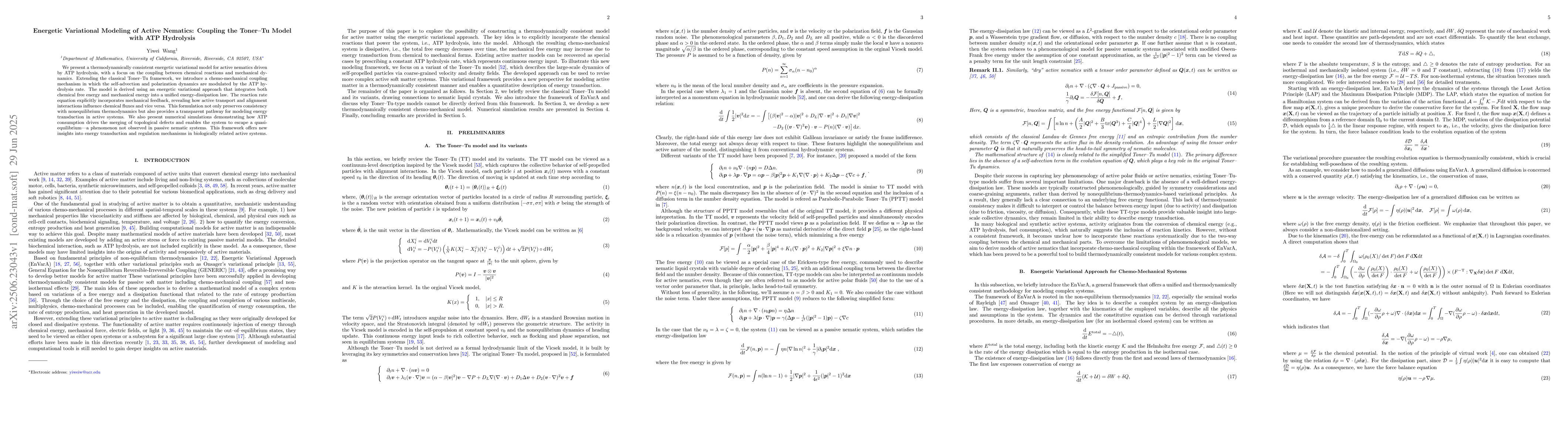 Thumbnail for Energetic variational modeling of active nematics: coupling the Toner-Tu
  model with ATP hydrolysis