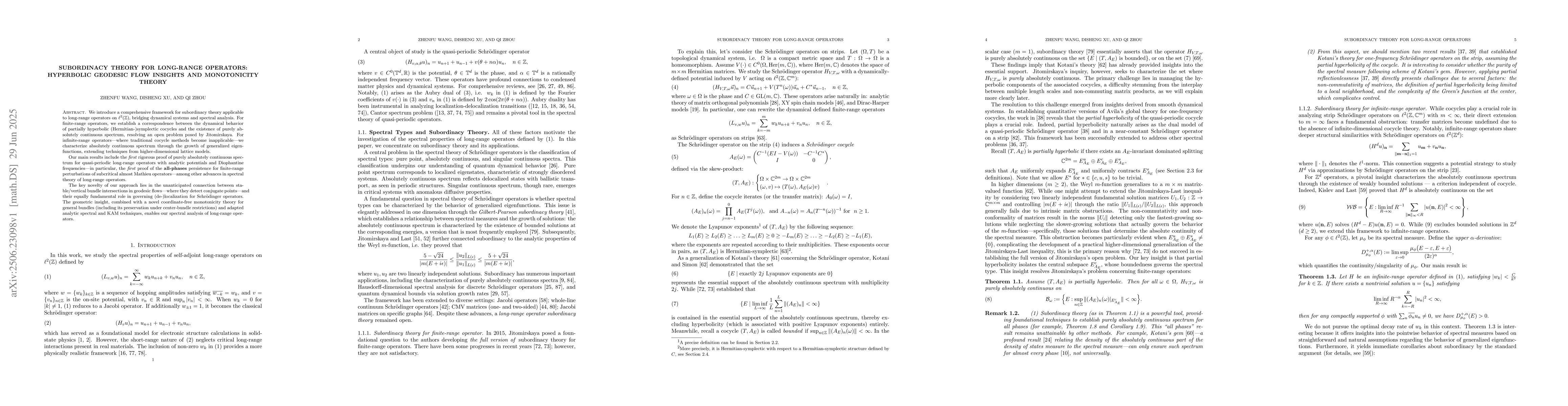 Thumbnail for Subordinacy theory for long-range operators: hyperbolic geodesic flow
  insights and monotonicity theory