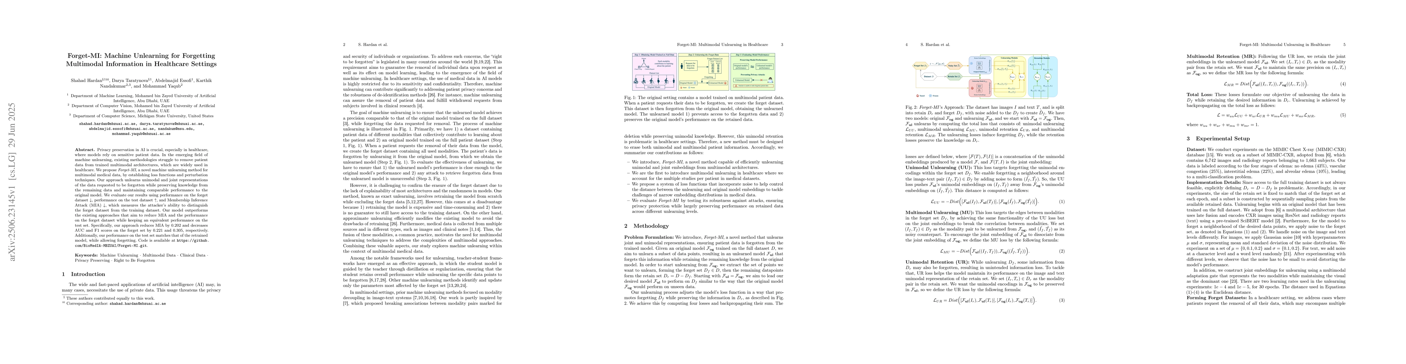 Thumbnail for Forget-MI: Machine Unlearning for Forgetting Multimodal Information in
  Healthcare Settings