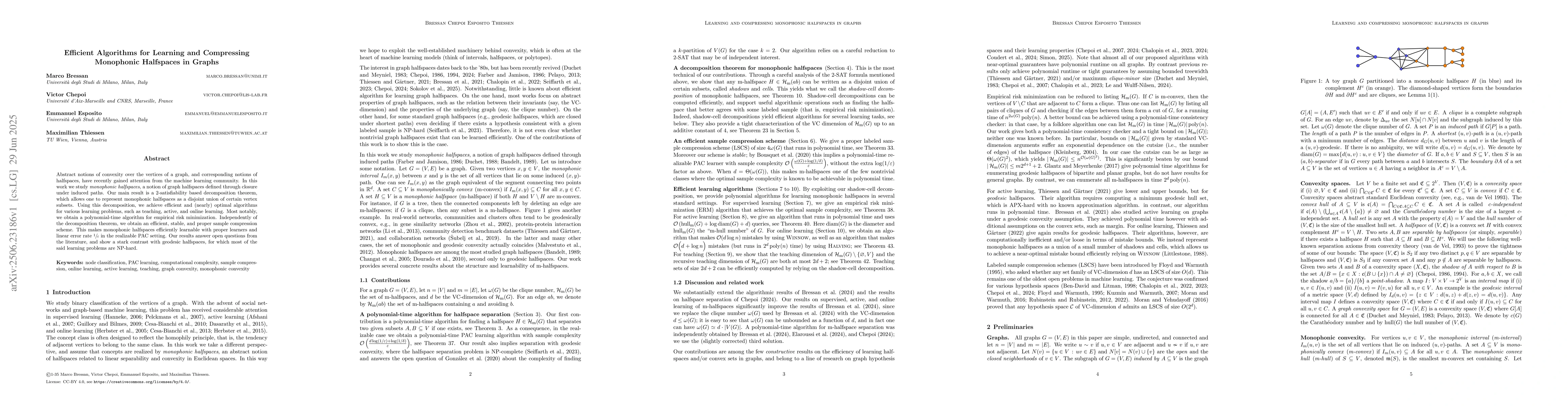 Thumbnail for Efficient Algorithms for Learning and Compressing Monophonic Halfspaces
  in Graphs