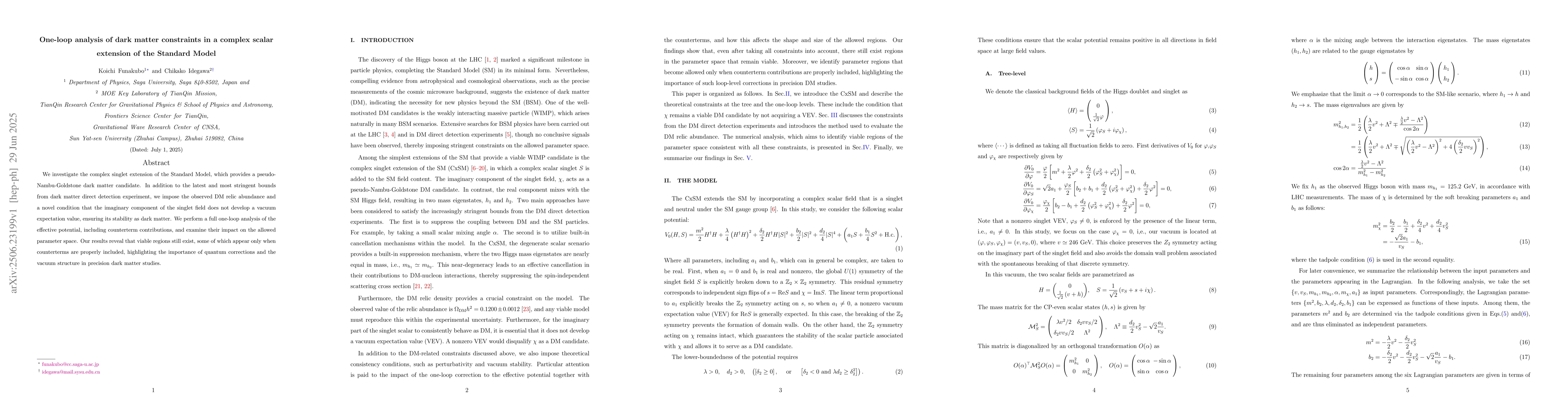 Thumbnail for One-loop analysis of dark matter constraints in a complex scalar
  extension of the Standard Model