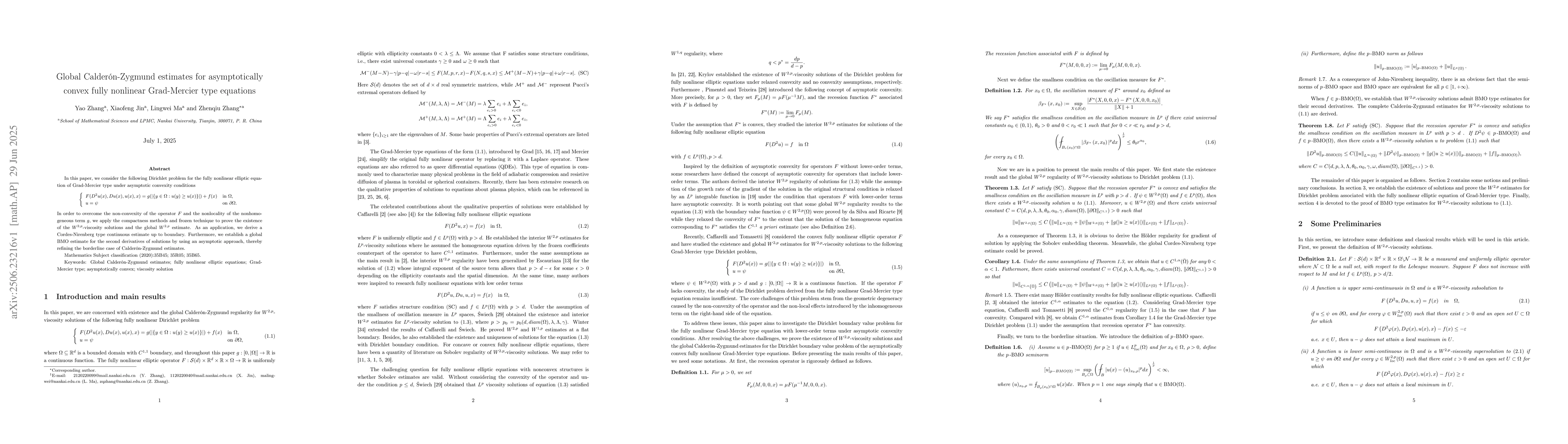 Thumbnail for Global Calderón-Zygmund estimates for asymptotically convex fully
  nonlinear Grad-Mercier type equations