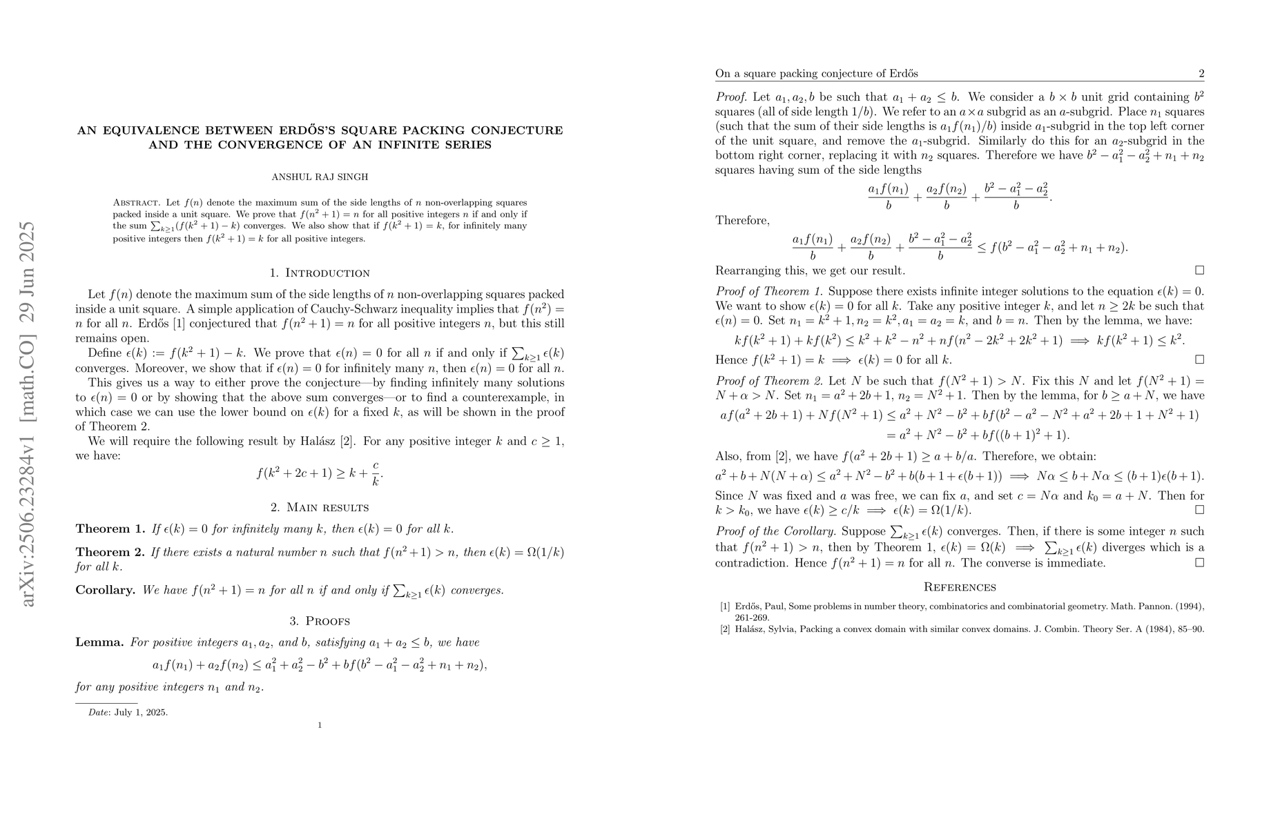 Thumbnail for An Equivalence Between Erdős's Square Packing Conjecture and the
  Convergence of an Infinite Series