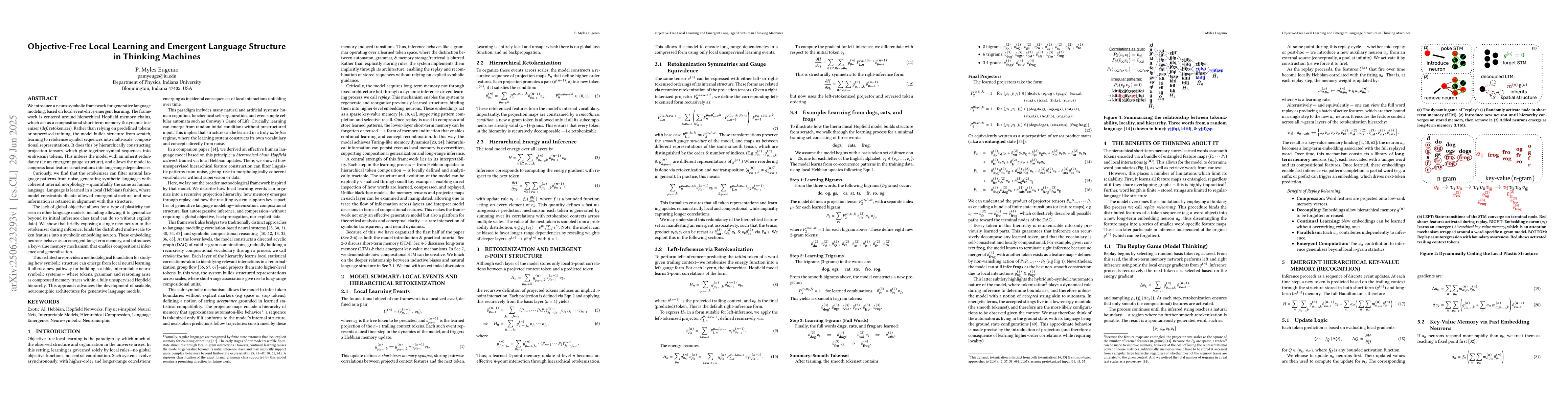 Thumbnail for Objective-Free Local Learning and Emergent Language Structure in
  Thinking Machines