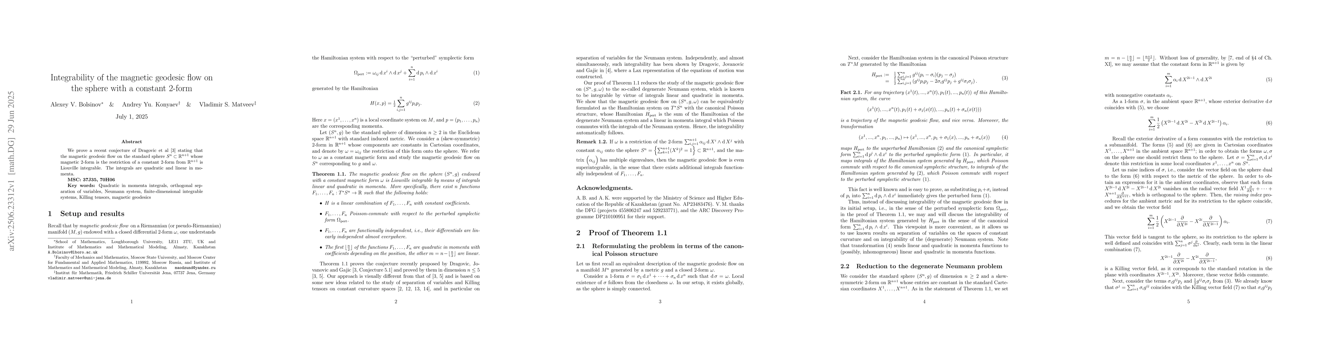 Thumbnail for Integrability of the magnetic geodesic flow on the sphere with a
  constant 2-form