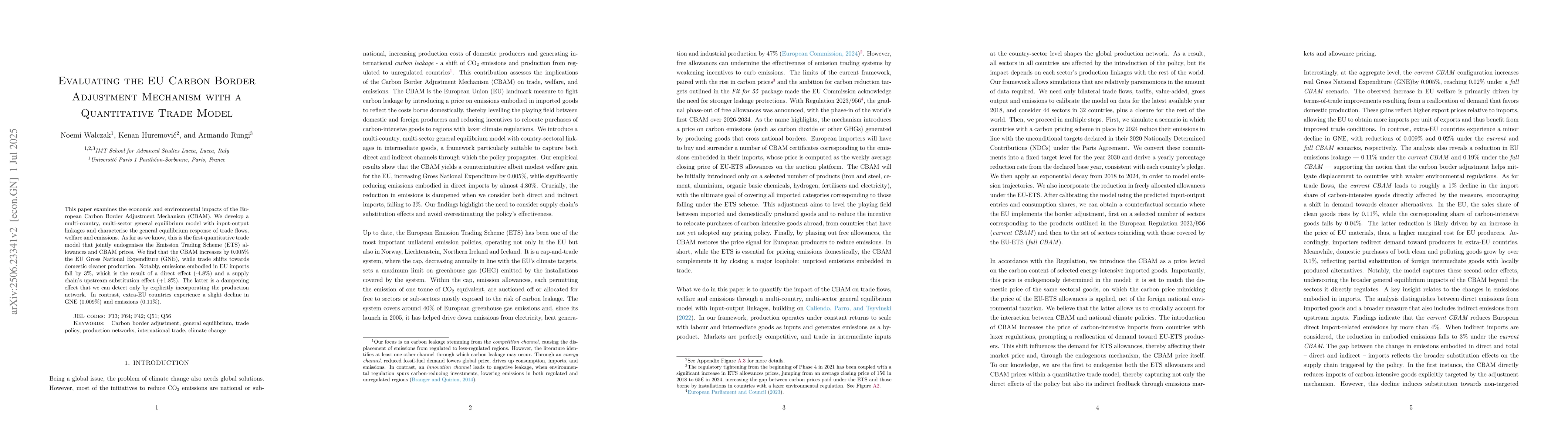 Thumbnail for Evaluating the EU Carbon Border Adjustment Mechanism with a Quantitative
  Trade Model