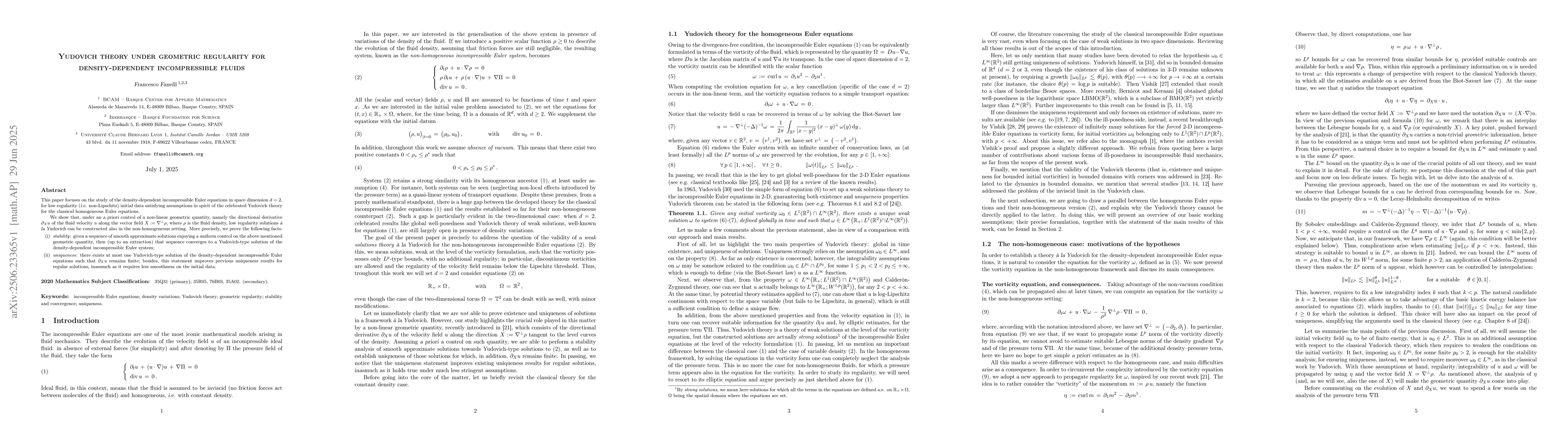Thumbnail for Yudovich theory under geometric regularity for density-dependent
  incompressible fluids