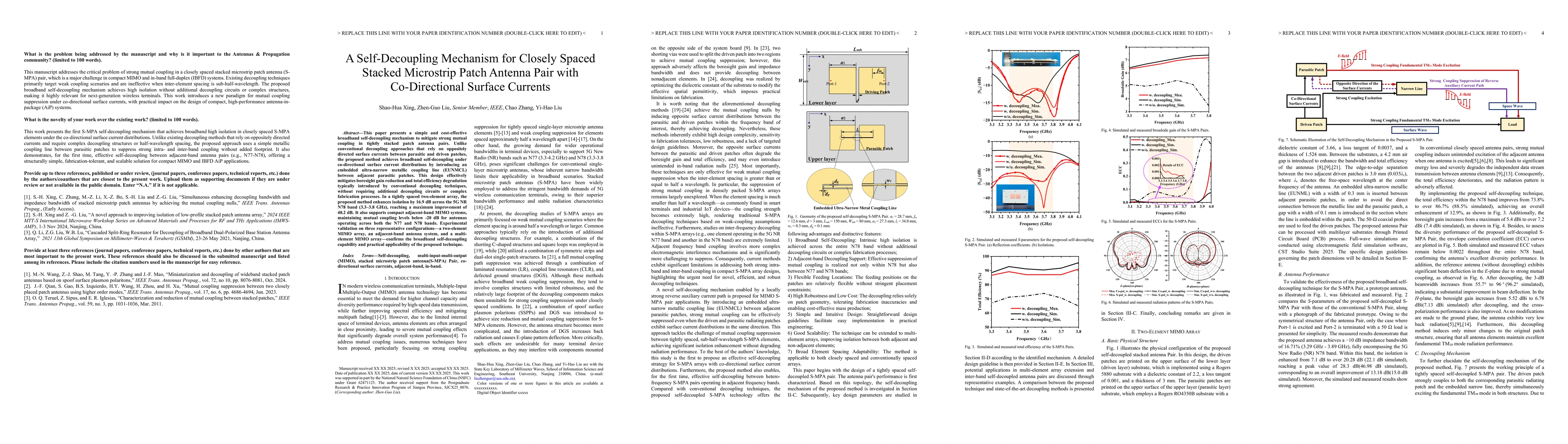 Thumbnail for A Self-Decoupling Mechanism for Closely Spaced Stacked Microstrip Patch
  Antenna Pair with Co-Directional Surface Currents
