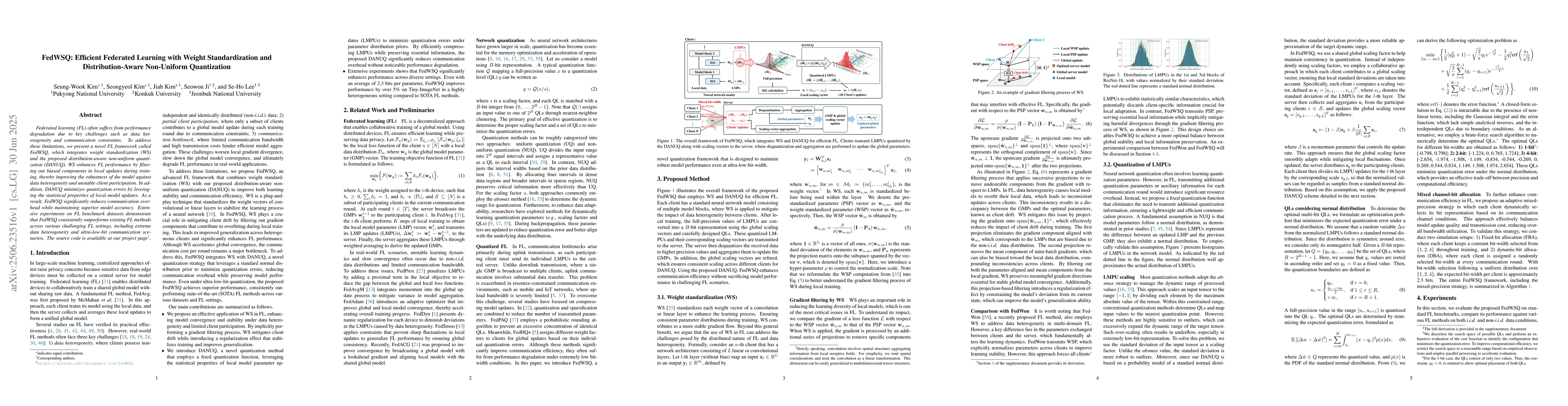 Thumbnail for FedWSQ: Efficient Federated Learning with Weight Standardization and
  Distribution-Aware Non-Uniform Quantization