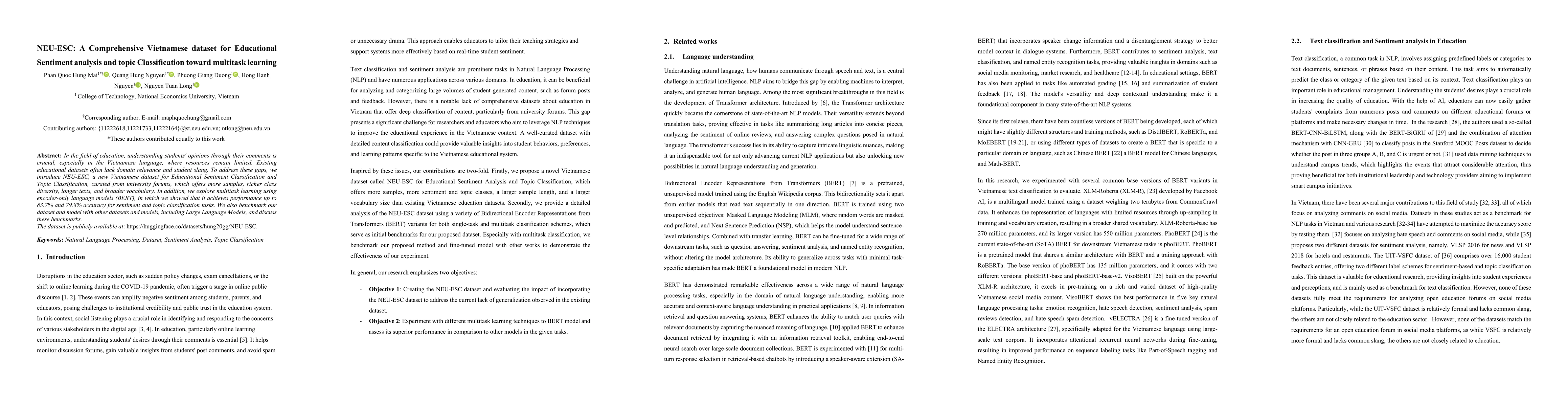Thumbnail for NEU-ESC: A Comprehensive Vietnamese dataset for Educational Sentiment
  analysis and topic Classification toward multitask learning