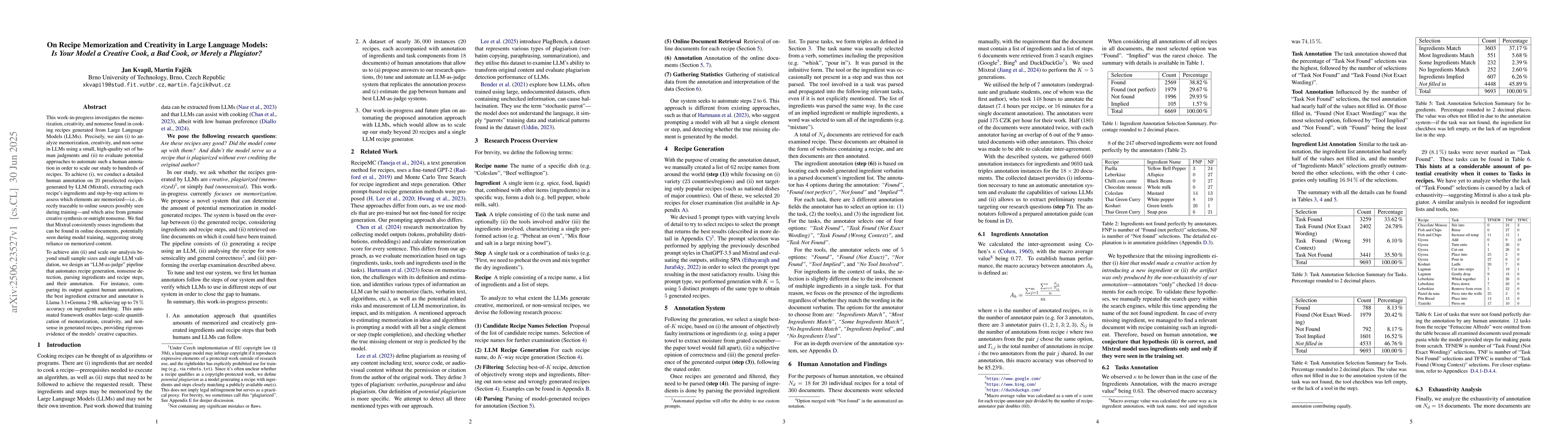 Thumbnail for On Recipe Memorization and Creativity in Large Language Models: Is Your
  Model a Creative Cook, a Bad Cook, or Merely a Plagiator?