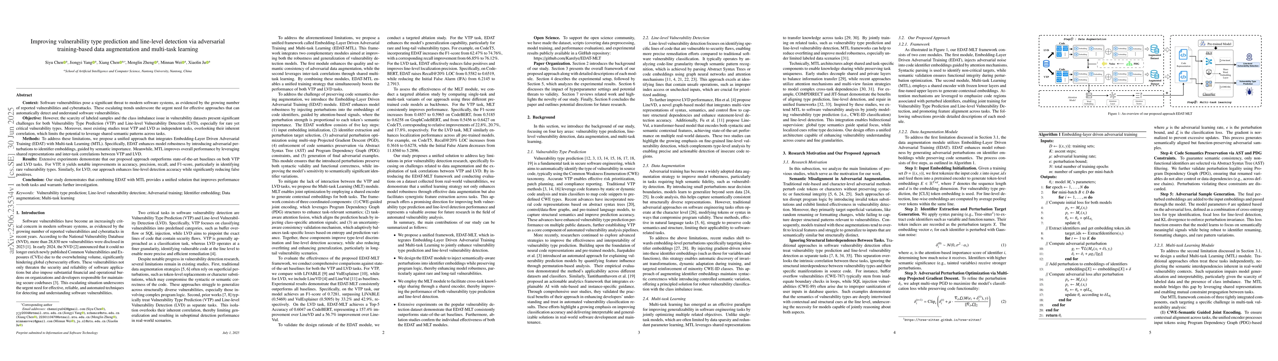 Thumbnail for Improving vulnerability type prediction and line-level detection via
  adversarial training-based data augmentation and multi-task learning
