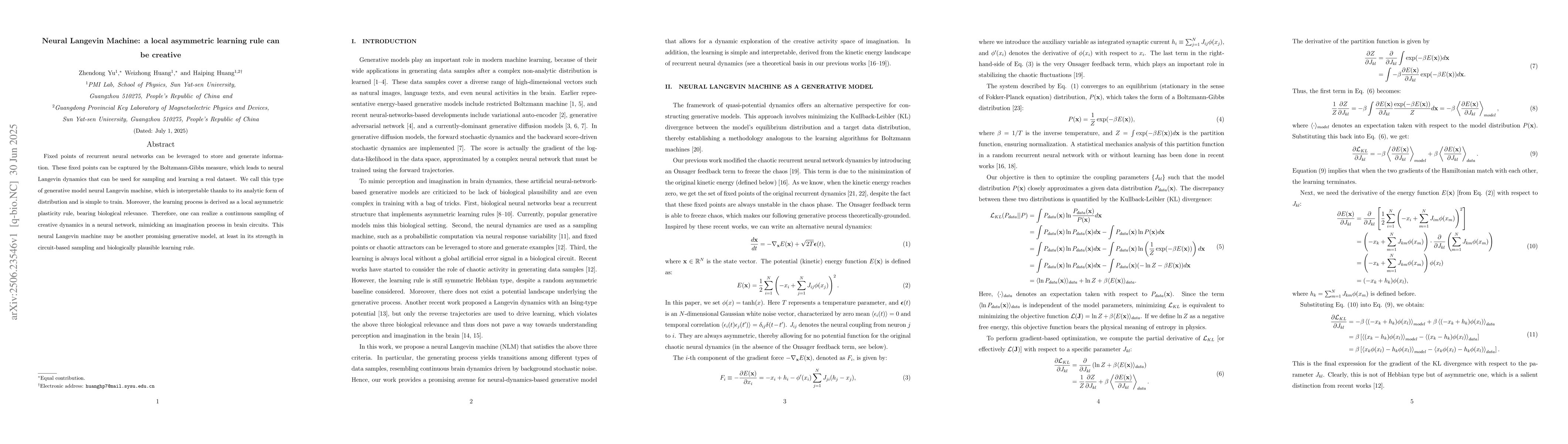 Thumbnail for Neural Langevin Machine: a local asymmetric learning rule can be
  creative