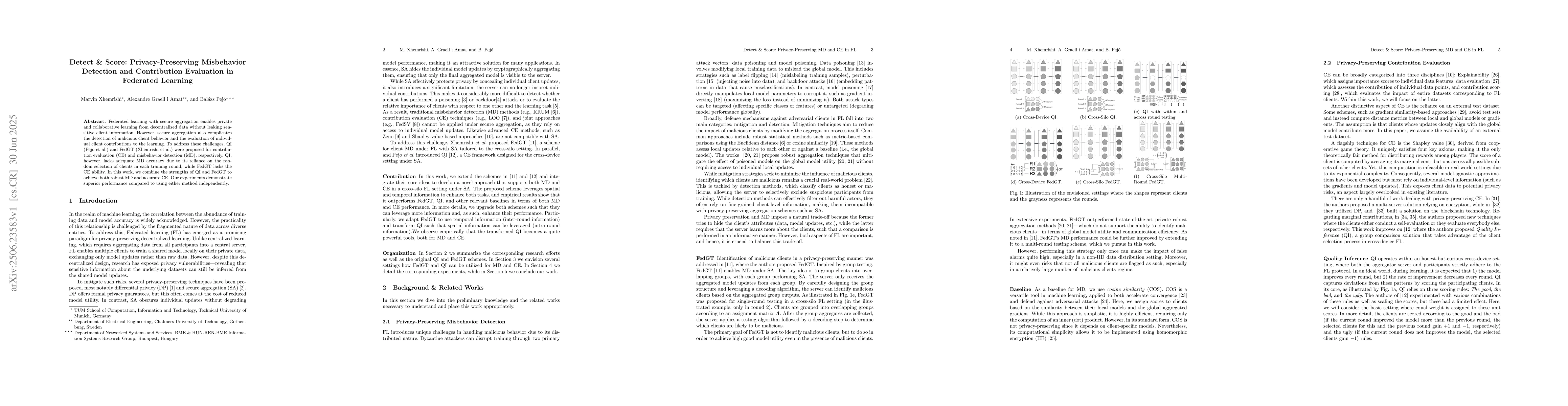 Thumbnail for Detect \& Score: Privacy-Preserving Misbehaviour Detection and
  Contribution Evaluation in Federated Learning