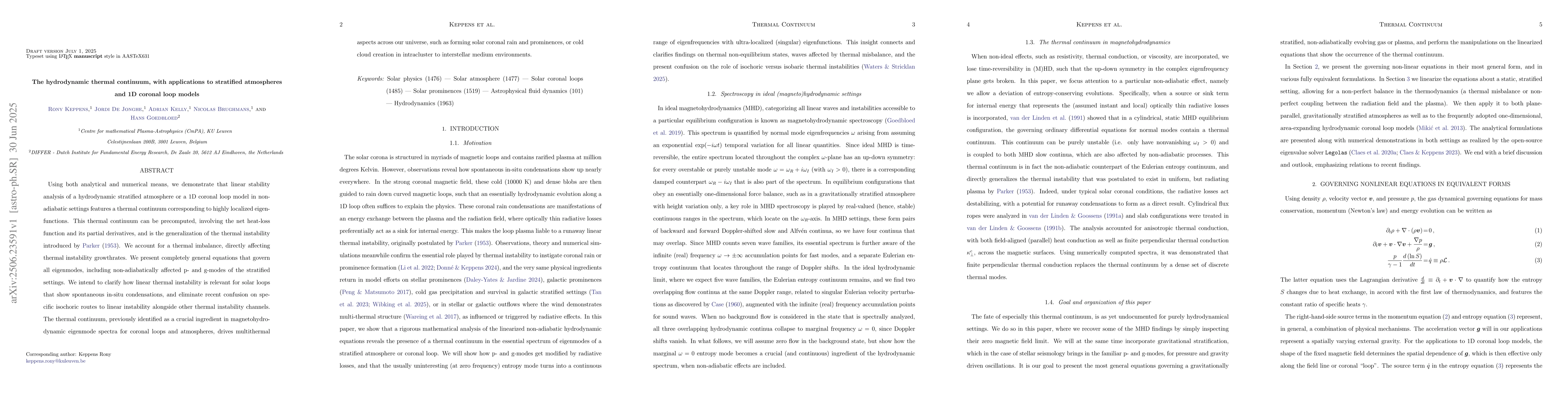 Thumbnail for The hydrodynamic thermal continuum, with applications to stratified
  atmospheres and 1D coronal loop models