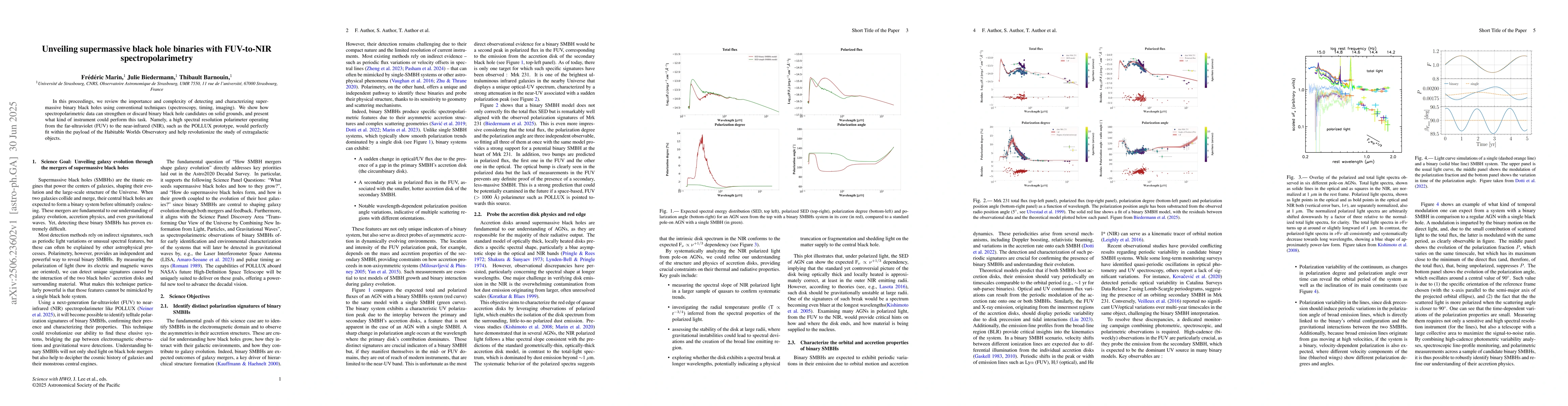 Thumbnail for Unveiling supermassive black hole binaries with FUV-to-NIR
  spectropolarimetry