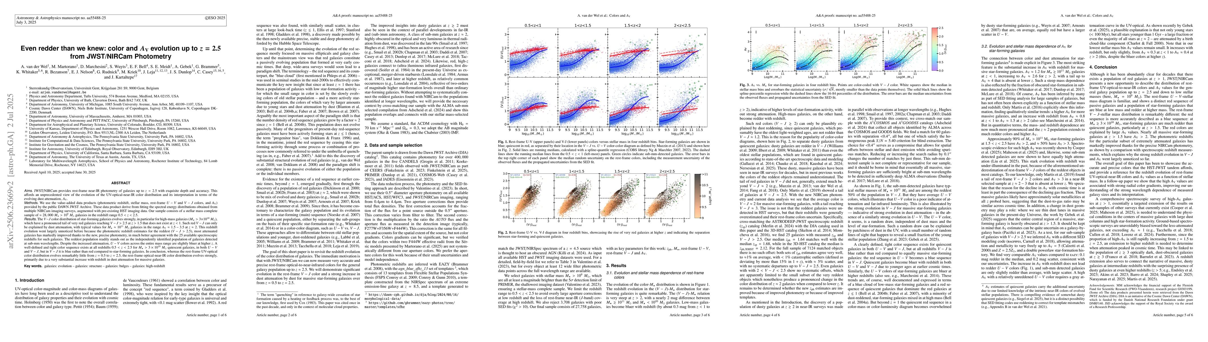 Thumbnail for Even redder than we knew: color and $A_{\mathrm{V}}$ evolution up to
  $z=2.5$ from JWST/NIRCam photometry