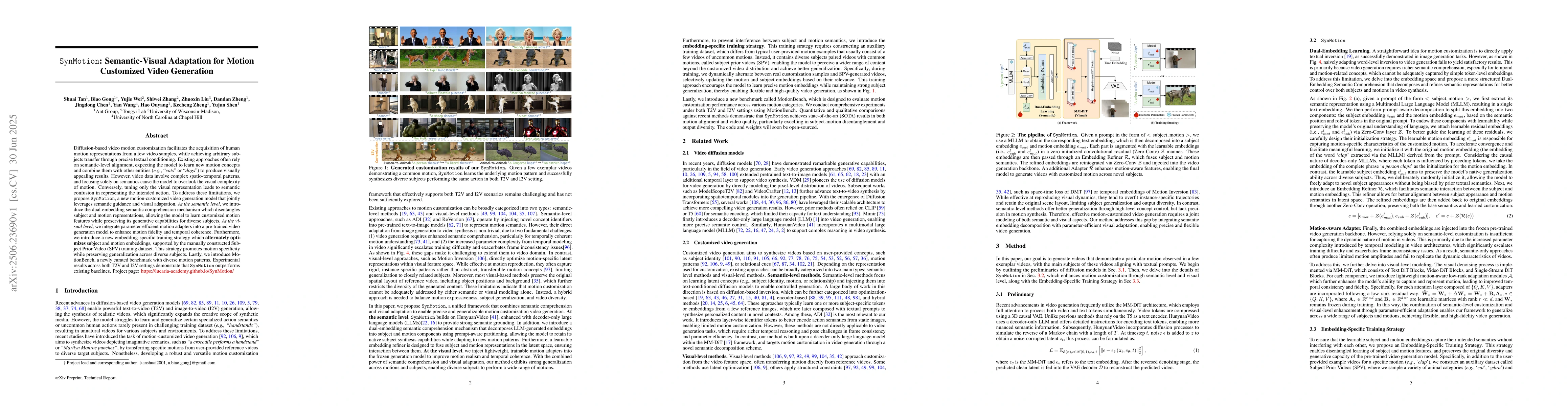 Thumbnail for SynMotion: Semantic-Visual Adaptation for Motion Customized Video
  Generation