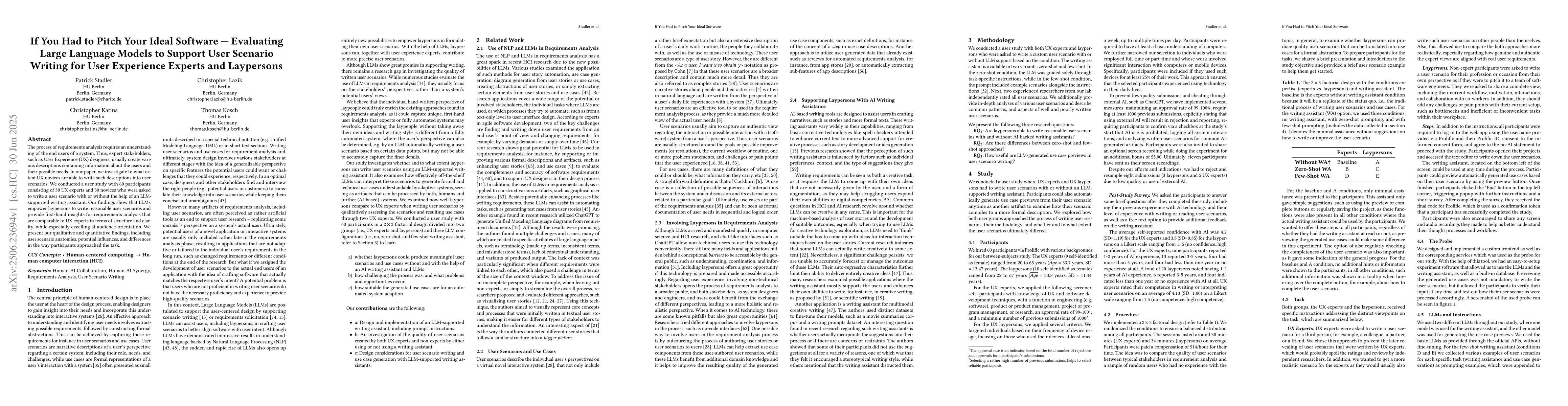 Thumbnail for If You Had to Pitch Your Ideal Software -- Evaluating Large Language
  Models to Support User Scenario Writing for User Experience Experts and
  Laypersons