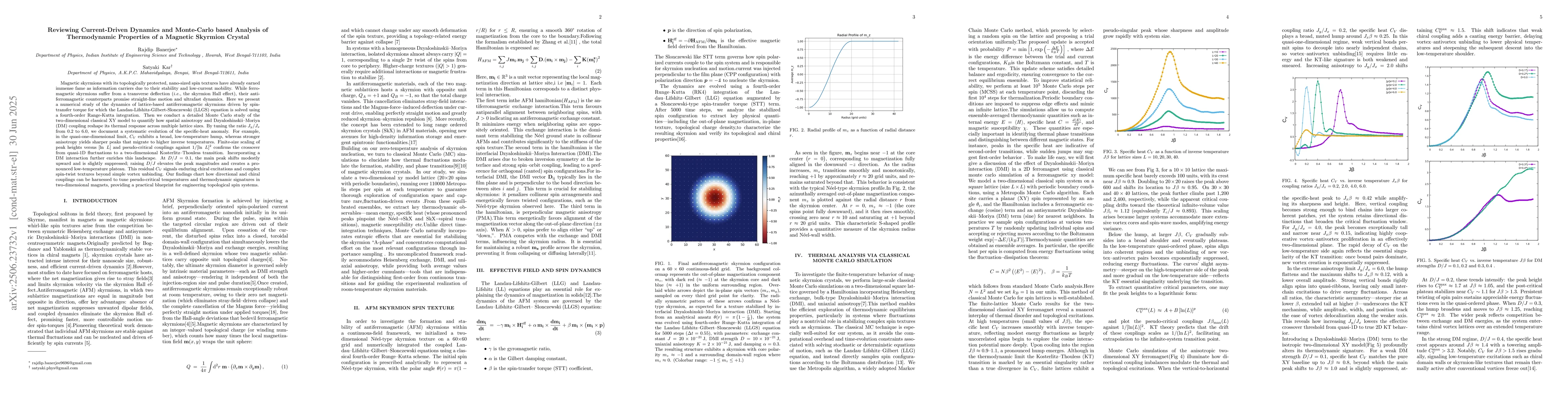 Thumbnail for Reviewing Current-Driven Dynamics and Monte Carlo based Analysis of
  Thermodynamic Properties of a Magnetic Skyrmion Crystal