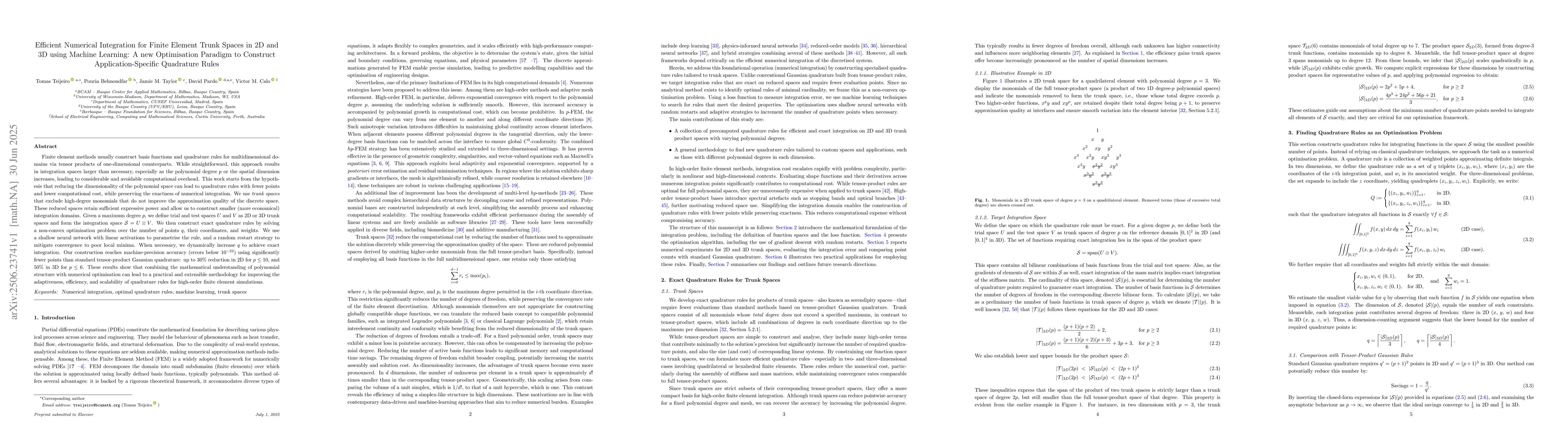 Thumbnail for Efficient Numerical Integration for Finite Element Trunk Spaces in 2D
  and 3D using Machine Learning: A new Optimisation Paradigm to Construct
  Application-Specific Quadrature Rules