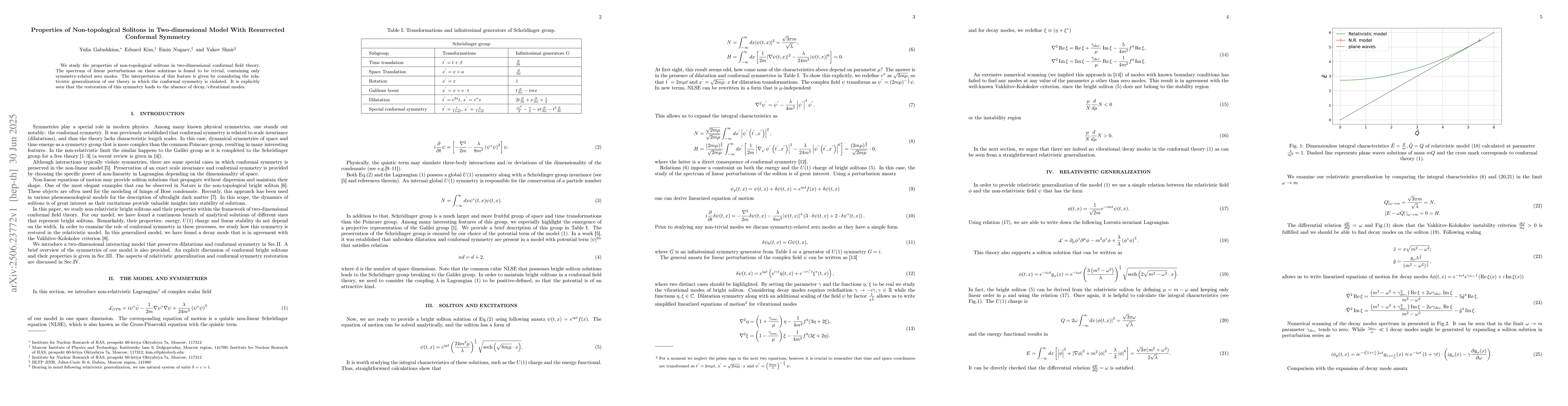 Thumbnail for Properties of Non-topological Solitons in Two-dimensional Model With
  Resurrected Conformal Symmetry