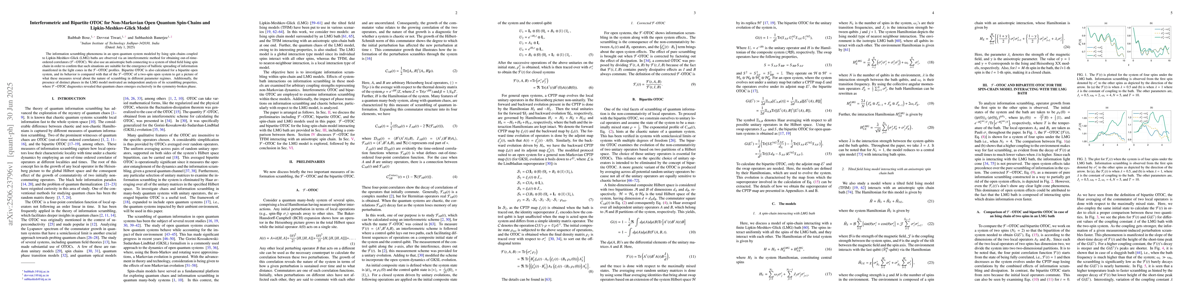 Thumbnail for Interferometric and Bipartite OTOC for Non-Markovian Open Quantum
  Spin-Chains and Lipkin-Meshkov-Glick Model