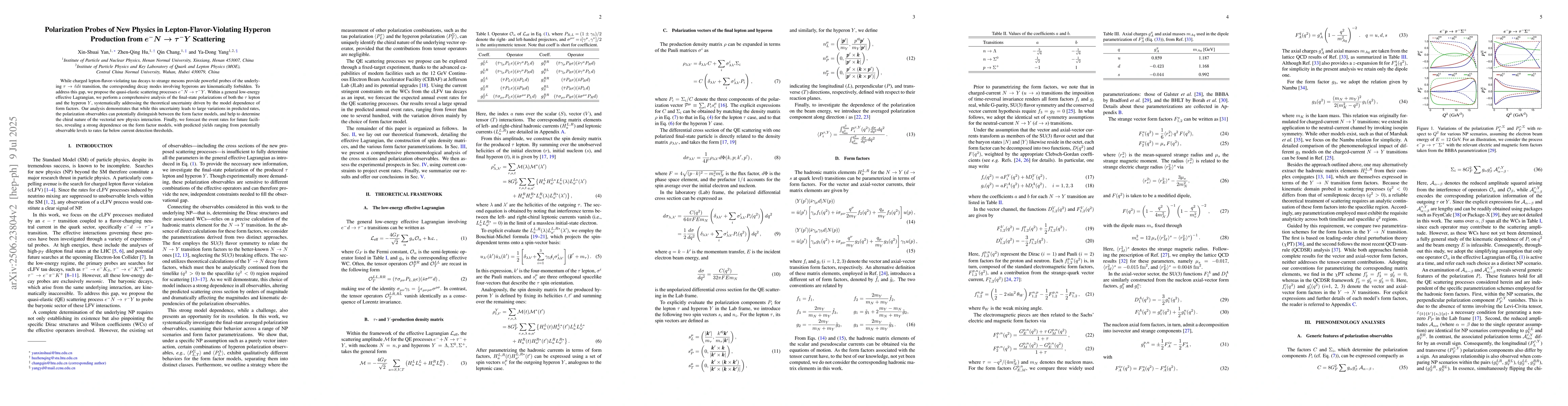 Thumbnail for Polarization Probes of New Physics in Lepton-Flavor-Violating Hyperon
  Production from $e^- N \to τ^- Y$ Scattering
