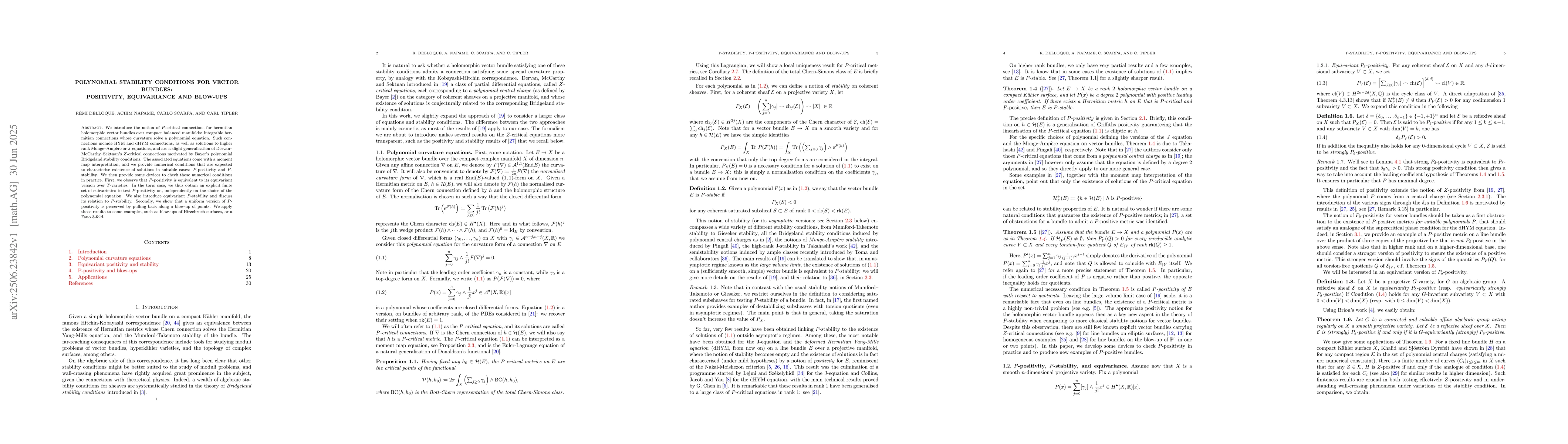 Thumbnail for Polynomial stability conditions for vector bundles: Positivity,
  equivariance and blow-ups