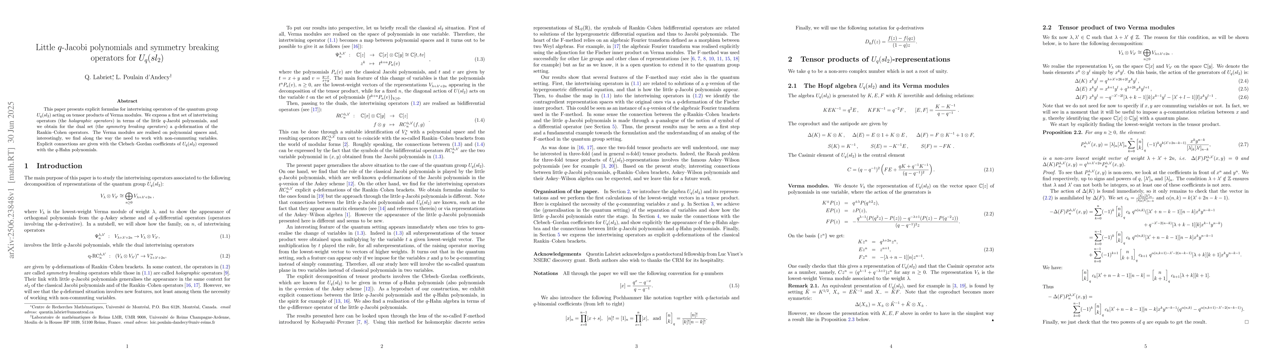Thumbnail for Little $q$-Jacobi polynomials and symmetry breaking operators for
  $U_q(sl_2)$